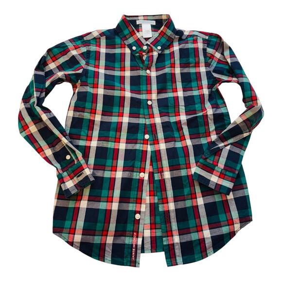 Janie & Jack Plaid Button Down Shirt Red Green Navy Cotton Long Sleeve Size 7 - Picture 1 of 4
